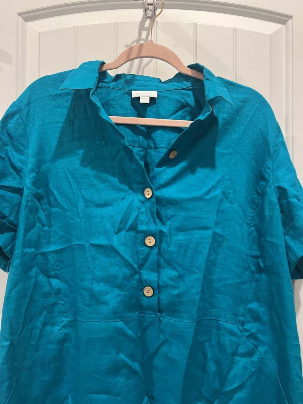 J.Jill Love Linen Turquoise Blue Short Sleeve Button Front Popover Dress Size L - Picture 2 of 9